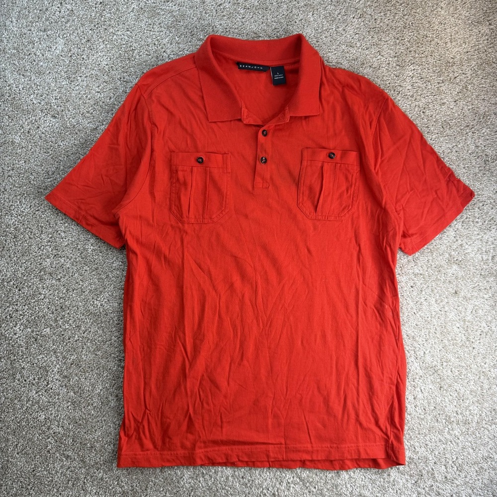Sean John Polo Shirt Mens L Red Solid Cotton Jersey Short Sleeve Pockets Casual